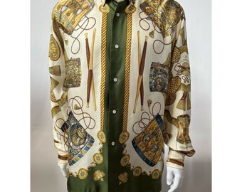 Hermes Mens Button Down Shirt Beige Gold Tambour Print Long Sleeve Silk 41 L