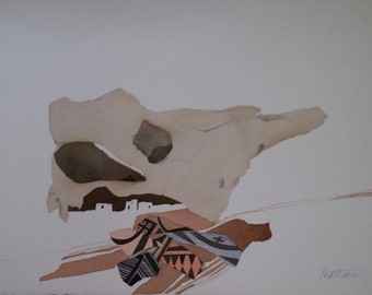 May include: An abstract watercolor painting featuring a large, light brown shape resembling a skull, with a smaller, darker brown shape inside. Below the skull, there are several smaller, white shapes resembling buildings. The bottom of the painting features a collection of colorful, patterned fabric scraps.
