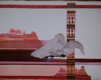 May include: Abstract watercolor painting with a layered landscape of red, orange, and brown mountains. A white animal skull is in the foreground, partially obscured by a vertical strip of patterned fabric with red, brown, and white geometric designs.