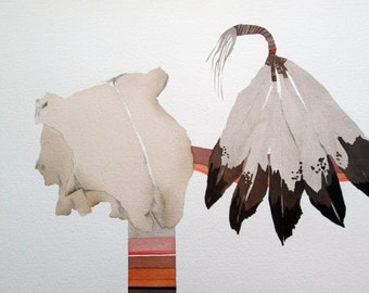 May include: A watercolor painting of a white feather headdress with brown feathers and a white, brown, and orange striped base.