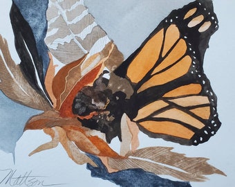 Monarch Series " Sunflowers & Feathers" original mixed media watercolor.