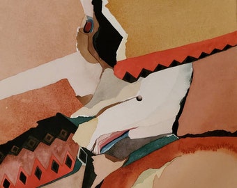 May include: Abstract watercolor painting with geometric shapes in shades of red, orange, brown, black, and white. The painting has a layered, textured look, with some areas appearing to be torn or ripped. The artist's signature, "Mitten", is visible in the lower right corner.