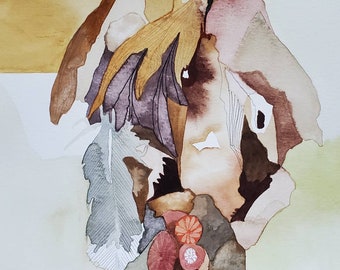 Totem Series " Feathers and Coral Fossil " one of a kind original watercolor.