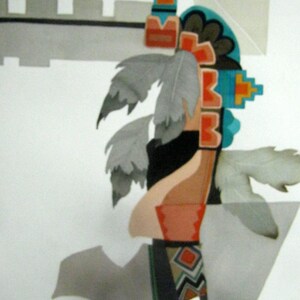 May include: Abstract art print featuring a stylized figure with geometric shapes and patterns in shades of gray, orange, red, blue, and turquoise.