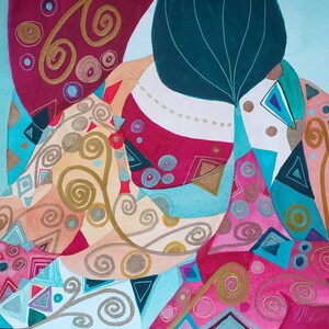 May include: Abstract watercolor painting with swirling patterns in shades of pink, teal, gold, and brown. The painting features geometric shapes and organic forms.