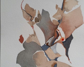 May include: Abstract watercolor painting with brown, gray, and red shapes. The shapes are layered and overlapping, creating a sense of depth and movement.