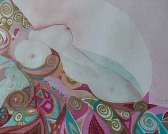 Emergence Series " Lying in Klimt Luxury " one of a kind original watercolor.