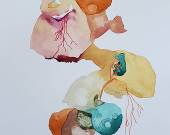 May include: Abstract watercolor painting with organic shapes in shades of orange, yellow, pink, brown, and teal. The shapes are connected by thin red lines.