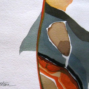 Pode incluir: Pintura abstrata em aquarela com uma paleta de laranja, cinza, marrom e branco. A obra apresenta formas e texturas em camadas, com uma assinatura no canto inferior esquerdo.