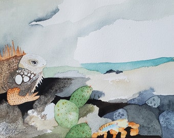 GALAPOGUS SERIES " The Iguana and the Crab on the Shore" one of a kind original watercolor.