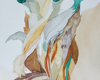 Feather Song Series " Turquoise Daydreaming" one of a kind original watercolor.