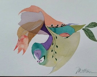 May include: Abstract watercolor painting with overlapping shapes in shades of purple, green, orange, and brown. The painting features a vine with leaves and a small flower.