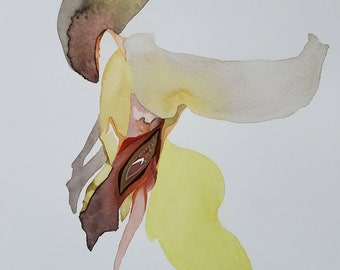 May include: Abstract watercolor painting in shades of brown, yellow, and red. The painting features a flowing, organic shape with a central eye-like form.