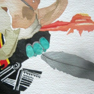 May include: A watercolour painting of a feather, turquoise stones, and a red and yellow design. The feather is grey and has a white background. The turquoise stones are arranged in a cluster. The red and yellow design is in the background and looks like a sunset.