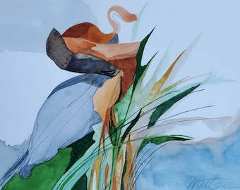 Laguna Atascosa Series " With Thoughts of the Reddish Egret and Tricolored Heron" one of a kind original watercolor.