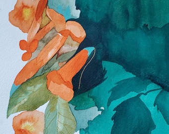 Fall Series " Trumpet Creeper" one of a kind original watercolor.