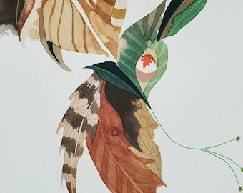May include: Watercolor painting of abstract foliage in shades of brown, green, and red. The leaves are arranged in a swirling pattern, creating a sense of movement and energy.