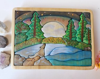 MADE TO ORDER, Howling Wolf and Moon Lake, Forest Scene Wooden Puzzle Size Large