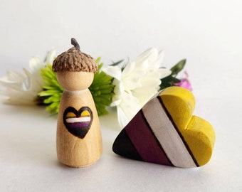 MADE TO ORDER, NonBinary Pride Flag Heart and Peg Doll