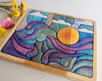 READY TO SHIP, Wooden Wave and Sunshine Puzzle, Blue purple, nature table, wave stacker, wooden waldorf puzzle, wave puzzle