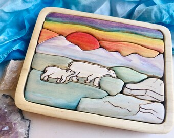 MADE TO ORDER, Polar bear, arctic sunset, snow bear themed poplar wood scroll saw puzzle, nature table display, wooden puzzle