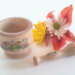 MADE TO ORDER, Mortar and Pestle Summer Flowers, Natural Kitchen Apothecary,  Pretend Play, Waldorf Inspired Toy, Wooden Kitchen Tools