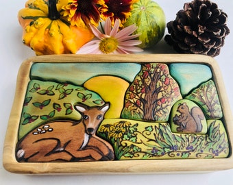 MADE TO ORDER, Woodland Mini Puzzle, Small wooden puzzle, handcrafted, scroll saw puzzle, deer, squirrel, fall decor, fall gift