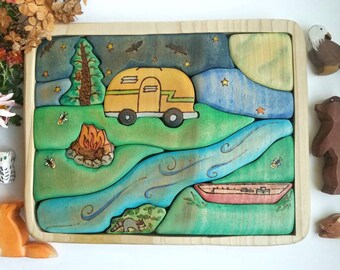 MADE TO ORDER, Camping by the Stream Wooden Puzzle, Mountain Wooden Puzzle, Pretend Play, Wooden Blocks, Scenery, Waldorf Inspired Puzzle