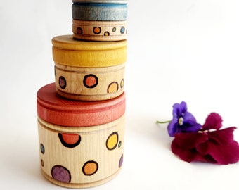 MADE TO ORDER,  Rainbow Polka Dotted Nesting Containers for Wooden Kitchen, Waldorf Inspired Toys, Natural Pretend Play Food, Spring Flowers