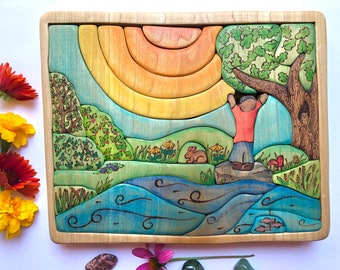 MADE TO ORDER, Happy Child in the Forest Sunshine Puzzle, Natural Wooden Toy, Wooden Puzzle, scroll saw puzzle, Ocean Island Blue