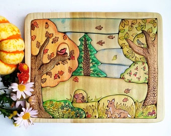 MADE TO ORDER, Large Woodland Scene, Wooden Puzzle, Forest Home, Deer Fox Toy, Whimsical wooden puzzle, Waldorf Toy