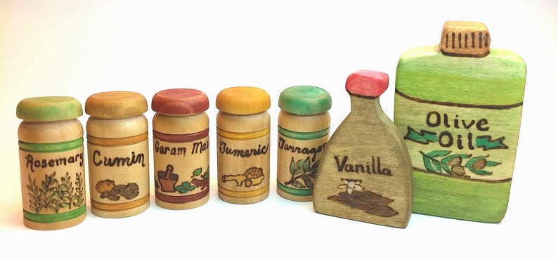 Wooden Spices, Play Kitchen Cooking Accessory, Wooden Kitchen Toy, Waldorf Toy Kitchen, Dramatic Play, Wooden Waldorf Toy, Spices image 4