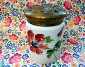 Antique Milk Glass Cigar Humidor with Painted Flowers, Brass Lid, Embossed Art Nouveau Design with Flowers,