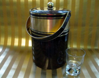 Georges Briard Tall Ice Bucket, Gold and  Brown Tortoise Shell Vinyl, came with Gold Tartan Glassware