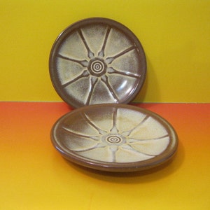 May include: Two brown and white ceramic plates with a sunburst design. The plates have a raised rim and a textured surface.