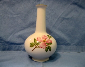 Kaiser West Germany Pink Dogwood Vase, Globe bottom, Tall Neck, Glossy White with Dogwood Print on Back and Front