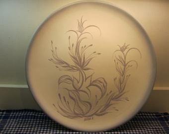 Sascha Brastoff,  Very Large Platter, White, Shading to Blue-Gray at Rim, with Stylized Leaves and Flowers Design in a  Textured Glaze