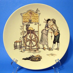 French, Sarreguemines Plate, Kissing Couple, Knife Grinder, Scissor Sharpener, Cupid&#39;s Arrows Sign