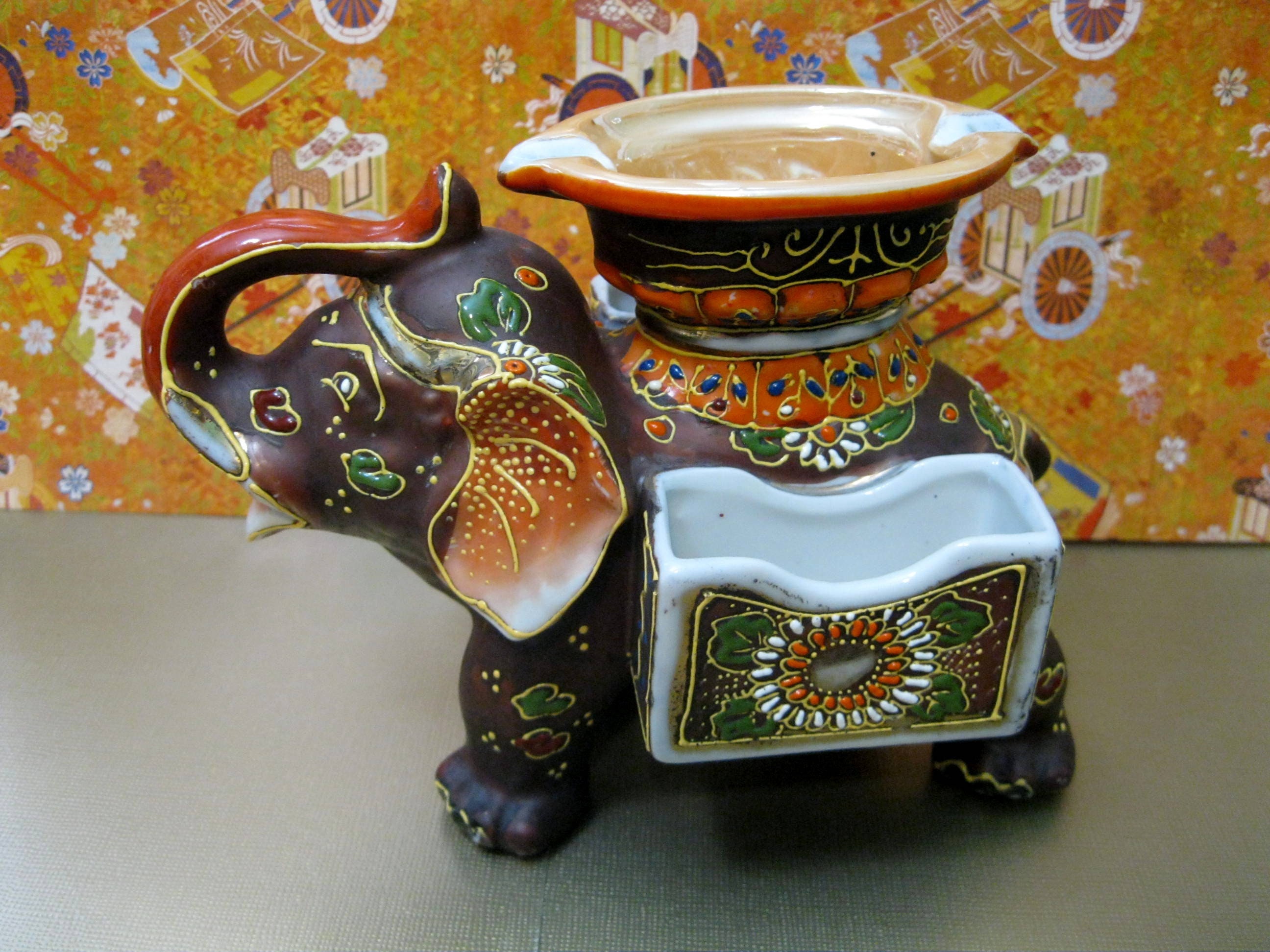 Satsuma Japan Elephant Ashtray, Cigarette and Matches Holder