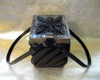 Llewellyn Lucite 1950's Hand Bag, Purse, Black,  Clear Carved  Top, Gold Metal Rim, Looped Handles