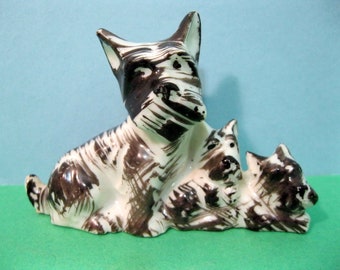Made in Occupied Japan, Scotty Dog Mother and Two Puppies, Black and White Figurine
