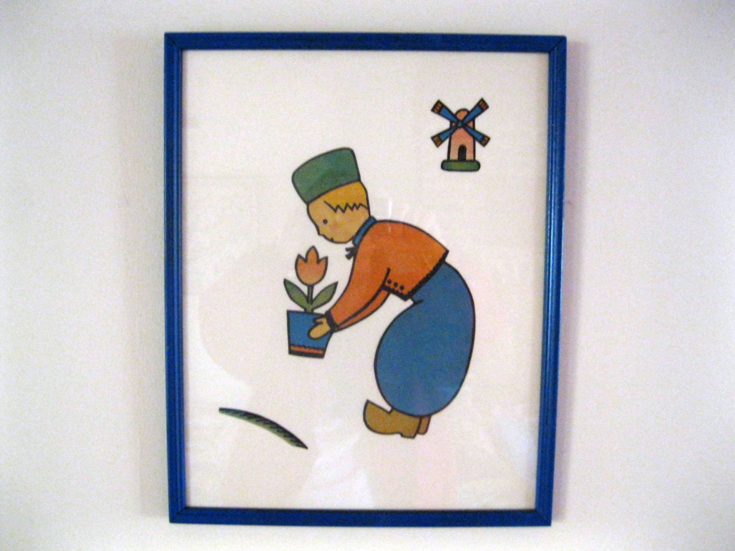 Framed  Dutch Boy with Flowerpot, Windmill, Cut-Outs, Under Glass, Blue Frame
