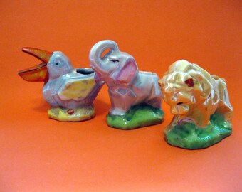 Three Luster Cubist Animal Toothpick Holders/Pin Cushions, Made in Japan, Lion, Elephant, Bird