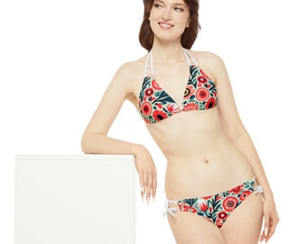 Vintage Floral Print Strappy Bikini Set