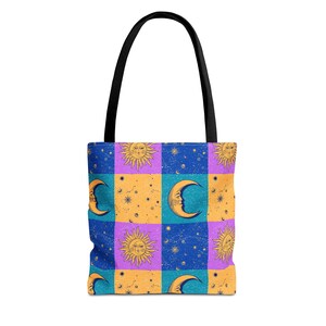 Celestial Sun and Moon Patchwork Print Tote