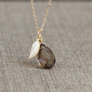 Smoky quartz necklace with leaf pendant: Gold chain made of 14k gold fill