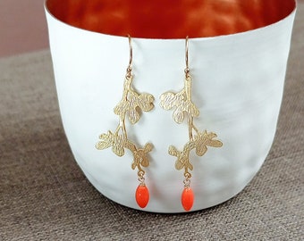 Long hanging earrings with real coral, filigree coral earrings, delicate flower earrings, earrings with coral in orange, gift for woman