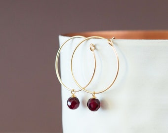 Red Garnet Hoop Earrings, Simple Stone Hoop Earrings, Birthstone January, Birthstone Hoop Earrings, Valentines Day Gift for Her, Red Earring