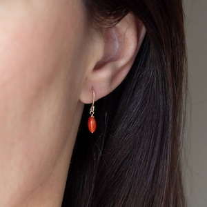 Small coral earrings in gold, hanging earrings with orange coral, simple gold earrings, gift for mom, coral earrings