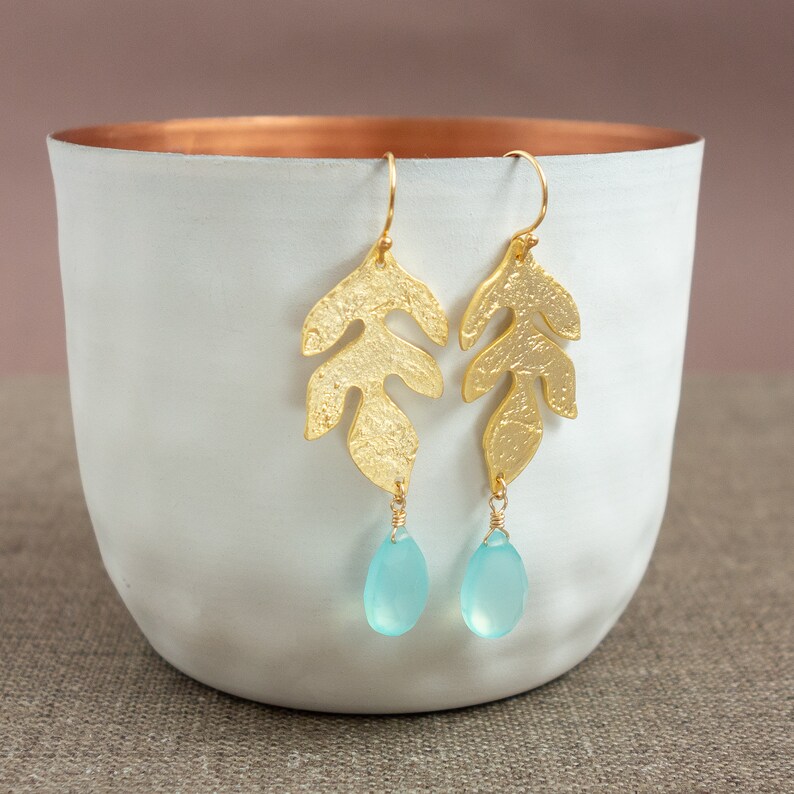 Tropez long hanging earrings gold Statement earrings with drops in light blue St Chalcedon Aqua Gift Christmas Wife Wife